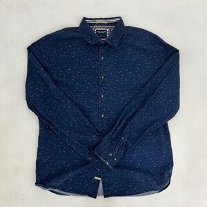 Denim & Flower Ricky Singh Mens L‎ Button Up Shirt Blue Nepped Print Flip Cuff